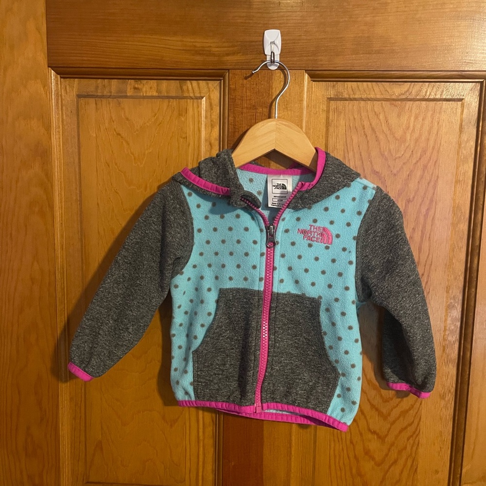 The North Face Girls Blue Polka Dot Gray & Pink Trim Hoodie